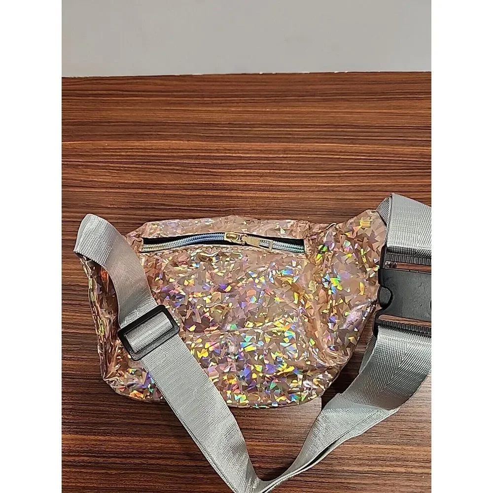 Unique Pink Holographic 80s 90s‎ Fanny Pack Rainbow Zippers Waist Metallic